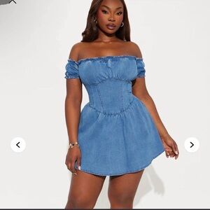 Fashion Nova Off-Shoulder Denim Mini Dress in Blue